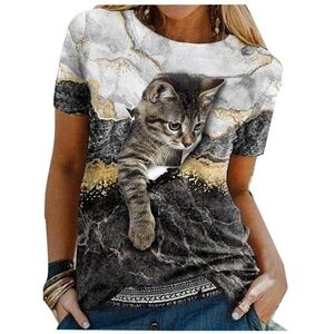 Cute Marble Cat Print - Tee/Top - Women/Junior - Size: Large 8/10 (NWOT)